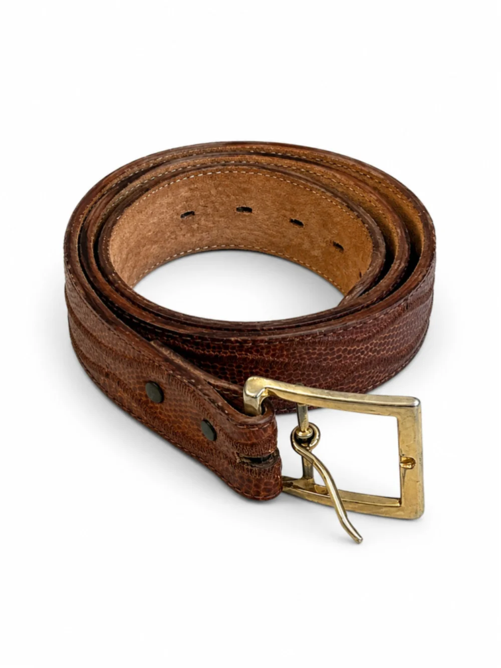 Vintage 80s Nocona Genuine Lizard Leather Belt Brown Gold Buckle Men’s Size 34